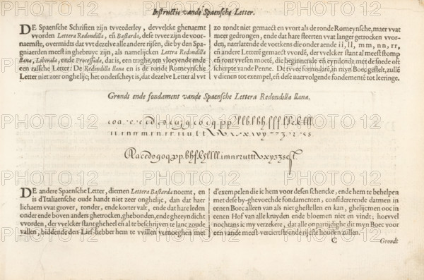 Description of the Spanish letter and a writing example of the Spaensche Lettera Redondilla Llana, Instruction of the Spanish Letter, Fondement-Boeck, Spieghel der schrijfkonste, print, albumblad, text sheet, Folio C1r with an instruction of the Spanish letter and a writing example titled: Grondt ende fondament vande Spaensche Lettera Redondilla Llana. The sheet is part of an album., printmaker: Simon Frisius, Haarlem, after design by Jan van de Velde (I), Rotterdam, 1605, writer (clerical worker), paper, letterpress printing, engraving, text in letterpress, height 69 mm x width 217 mm, height 210 mm x width 315 mm, calligraphy, Aged parchment page with printed and handwritten calligraphic elements, showing blocks of dark serif text across the top and bottom and a centered section containing ornate handwritten script samples in flowing cursive. The page has a horizontal crease and faint stains, with inked letterforms varying in thickness and decorative flourishes arranged in rows. The ...