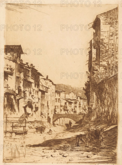 Verona (original title on object), print, A bridge over the almost dry bed of a river. Buildings on both riverbanks., printmaker: Willem Adrianus Grondhout (signed by artist), 1888 - 1934, paper, etching, intaglio printmaking technique, height 283 mm x width 207 mm, bridge in city across river, canal, dry river, river bed, A vertical sepia-toned etching of an urban riverside scene showing rows of multi-story buildings with textured facades and overhanging roofs on the left and a tall cliff-like structure with vegetation on the right, a stone arch bridge spanning the water near the middle ground, small boats moored along the riverbank, figures walking near the bridge, a cart positioned on the nearer shore, rippled water in the foreground, and fine linear hatching and crosshatching throughout the composition.