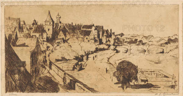 Ulm (original title on object), print, A bridge over the Danube in Ulm. To the left of the center a city wall and the Metzgerturm, a city gate., printmaker: Willem Adrianus Grondhout (signed by artist), 1888 - 1934, paper, etching, intaglio printmaking technique, height 159 mm x width 305 mm, city-walls, bridge in city across river, canal, Danube, Baden-Württemberg, A sepia-toned etching of a riverside town seen from an elevated viewpoint, showing a row of closely packed buildings with steep roofs and towers along the left and center, a tree-lined embankment running toward a stone bridge with multiple arches on the right, a winding riverside path with small human figures, boats or small craft moored along the water, clustered trees and shrubs between buildings and river, and foreground architectural details including rooftops and a railing.