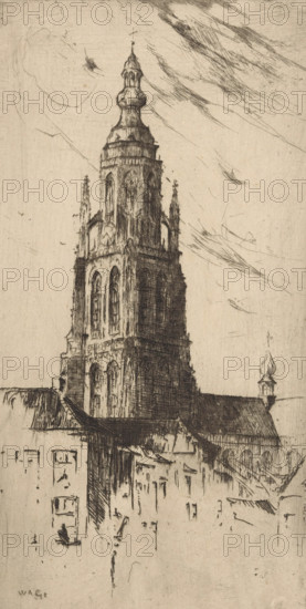 Tower of the Grote Kerk in Breda, print, printmaker: Willem Adrianus Grondhout (signed by artist), 1888 - 1934, paper, etching, intaglio printmaking technique, height 264 mm x width 137 mm, parts of church exterior and annexes: tower, Breda, Grote Kerk (Breda), A tall, ornate tower rises above lower buildings, rendered in fine, dark sketch lines on a light background, showing pointed spires, arched windows, and decorative stonework; the tower has a bulbous, layered top with a small cross-like finial and detailed vertical panels and tracery; rooftops and simpler building facades sit in the foreground with visible roof tiles and window openings; the sky is sparsely marked with sweeping, soft hatch strokes and faint circular shapes.