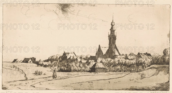 Veere (original title on object), print, The Zeeland city of Veere with the town hall to the right of the center., printmaker: Willem Adrianus Grondhout (signed by artist), 1919, paper, etching, intaglio printmaking technique, height 159 mm x width 307 mm, city-view, and landscape with man-made constructions, A wide landscape etching shows a village scene with a tall, ornate church tower rising above clustered rooftops and trees along the middle ground, the tower featuring a pointed spire and decorative tiers. In the foreground an open field with gently undulating ground leads toward the village, with a solitary figure walking along a path. Scattered small houses and outbuildings line the horizon, interspersed with dense groups of trees rendered in sketchy, textured lines. The sky above is mostly empty with faint, wispy cloud-like pencil marks and some light hatchwork, and the entire image is framed by a simple rectangular border.