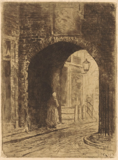 Gevangenpoort in The Hague, print, A woman walks under the gate., printmaker: Willem Adrianus Grondhout, 1907, paper, etching, intaglio printmaking technique, height 161 mm x width 119 mm, prison, jail, gate, entrance, The Hague, Gevangenpoort (The Hague), A monochrome etching shows a narrow street seen through a large arched stone gateway, the arch rendered with dense crosshatching and textured masonry. Under the arch a solitary figure in a long cloak and head covering stands with their back mostly to the viewer, facing toward a lighter street beyond. Beyond the arch there are building facades with recessed windows, a wall-mounted lantern, and a short flight of steps leading up to a doorway. In the foreground the cobbled street curves and shows rutted, linear marks, and a low curb or drain runs along one side. The overall scene is composed of fine, closely worked lines and areas of darker shading that emphasize the arch and the contrast between the shadowed passage and the illuminated...