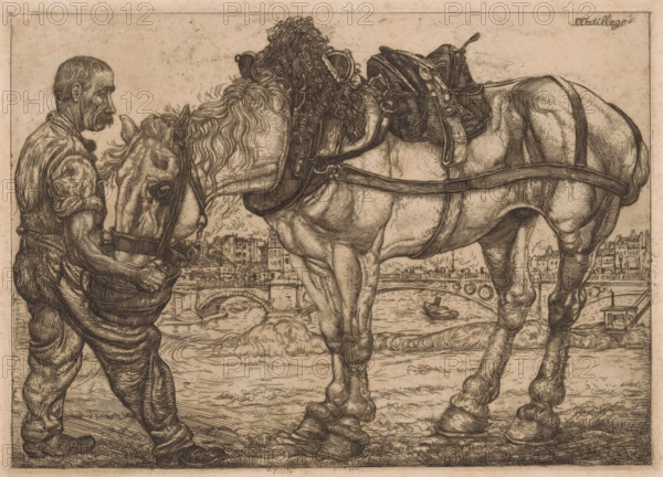 Man feeding a horse from a bucket, L'Outillage (original series title on object), print, In the background a bridge over the Seine in Paris. On verso a sketch., watermark, printmaker: Pieter Dupont, Paris, c. 1899 - c. 1900, Pieter Dupont, printmaker, paper, etching, intaglio printmaking technique, height 130 mm x width 180 mm, horse, giving food, bridge in city across river, canal, Seine, A detailed line drawing shows a man standing beside a large horse, the man holding a bucket up to the horse's head while the horse drinks; the man wears rolled sleeves, loose trousers, and boots, and his facial features and short hair are rendered with fine crosshatching; the horse is heavily muscled with a flowing mane and shorn forelock, wearing harnesses and a saddle with straps and buckles, and its hooves are shown on a textured ground; in the background a river scene appears with an arched bridge, small boats on the water, and a row of buildings along the far bank, all drawn with intricate line ...