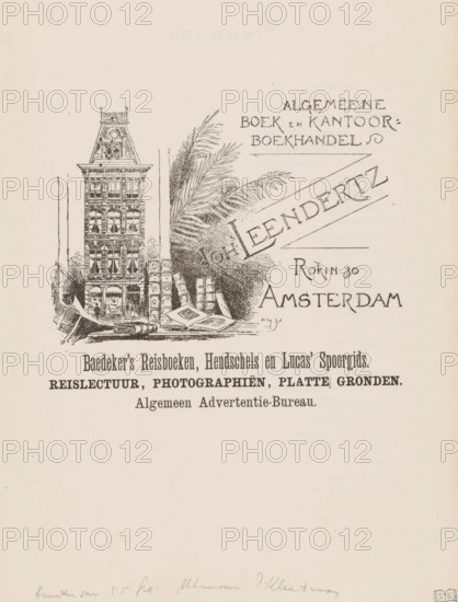 Advertisement of Algemeene Boek- en Kantoorboekhandel Joh's Leendertz in Amsterdam, advertisement, print, book illustration, A scale model of the building on the Rokin on a table with books., after design by unknown, 1885 - 1892, unknown, printmaker, after design by, paper, printing, height 219 mm x width 149 mm, On verso the table of contents of a book, possibly a guide to Amsterdam., book-shop, bookseller, A detailed ink drawing shows a tall narrow building with ornate windows and decorative roof elements next to a cluster of stacked books and an open book lying on a flat surface, with a large leafy plant rising behind them; to the right of the plant and books are stylized angled lines framing a bold name rendered in decorative lettering, and beneath the scene are several lines of printed headings in a bold serif style; the background is a light, slightly textured paper with faint marks and a small circular stamp near the bottom edge.
