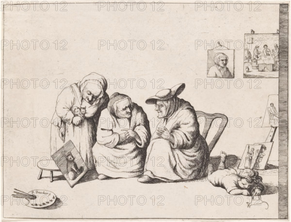 Three old women look at a painting of a cat, print, One of the women has a cat under her arm. On the wall hangs a portrait of an old woman and a scene with men playing cards in a tavern. Three other paintings lean against the leg of a donkey, in the foreground a child is drawing a cat on the ground., printmaker: David Deuchar, 1753 - 1808, paper, etching, height 120 mm x width 160 mm, The print also appears in: A Collection of Etchings after the Most Eminent Masters of the Dutch and Flemish Schools, a collection of 375 prints by David Deuchar, mainly after Dutch and Flemish masters, published between ca. 1782-1803., picture, painting, old woman, cat, Three seated elderly women wearing head coverings and layered robes are gathered closely, two of them facing each other while the third leans over holding a small animal. A wooden stool sits beside them with a framed picture propped against it showing an animal. To the right a woman with a wide-brimmed hat sits in a carved chair gesturing ...
