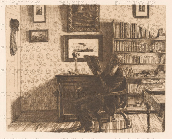 Reading man in an interior, print, In the middle of the room, a bald man with a beard is sitting in a chair reading. Behind him stands a bookcase, framed works hang on the wall., printmaker: Heinrich Reifferscheid, 1882 - 1940, paper, etching, drypoint, intaglio printmaking technique, etching and drypoint with plate tone, height 147 mm x width 183 mm, newspaper, news-sheet, bookshelves, A sepia-toned room scene rendered in fine linework showing a bearded man seated in a high-backed chair facing a desk while holding an open book, a tall bookshelf filled with books and small objects occupies the right side, framed pictures hang on the patterned wallpapered walls, a coat and hat hang on a peg near a doorway at the left, a vase with flowers and an open book sit on the desk, a rug lies beneath the chair and table, and a small stool with stacked papers and a cat curled on it appears near the lower right.