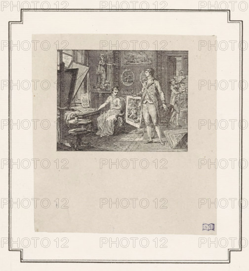 Woman visits an artist, print, A woman sits behind a table set up for making prints. In the middle of the room, a man holds up a print. In the background, someone is busy applying a grid to a print or painting., after print by Pierre Philippe Choffard, in or after 1804 - 1900, Pierre Philippe Choffard, printmaker, after print by, paper, etching, height 62 mm x width 79 mm, engraver, etcher, workshop, studio of the artist (in general), graphic artist, A rectangular engraving shows an interior scene with three figures among furniture and artworks; a seated woman in a long dress sits beside a table with papers and small objects, a standing man in period clothing holds a framed picture and faces toward her, and a second standing figure in the background appears near an easel; the room contains framed pictures on the walls, a sculpture on a pedestal, an angled large frame or canvas, a small round table with stacked items, patterned floorboards, and scattered framed pieces leaning against fu...