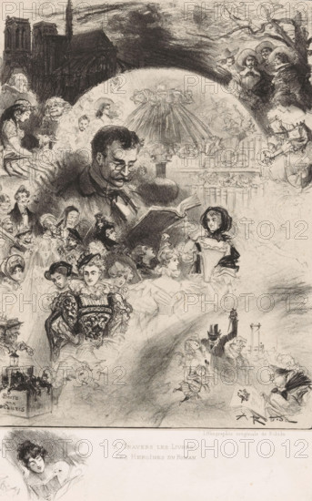 A travers les livres: les heroines du roman, Reading man surrounded by novel characters, print, Below the central scene a reading woman leaned against a pillow., printmaker: Albert Robida, 1858 - 1926, chine collé, paper, lithography, lithography on chine collé, height 250 mm x width 185 mm, newspaper, news-sheet, literary characters and objects, A detailed black and white drawing filled with many figures and scenes blended together, dominated by a central image of a bespectacled man reading from an open book beneath a large shaded lamp, surrounded by clusters of women in period dresses, children, and men in hats and coats, some wearing elaborate hairstyles and ornate clothing; to the upper left a dark silhouette of a cathedral and a spire rises against a shaded sky, while the upper right shows a group of three men in broad-brimmed hats beside bare tree branches; various smaller vignettes circle the center including a seated woman with a small dog, a young woman in a hooded cloak holdi...