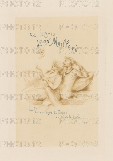 Ex libris Leon Maillard, Ex libris by Leon Maillard, print, bookplate, A reading woman leans against a seated man, a flower hangs in the air., printmaker: Henri Boutet, 1861 - 1894, paper, drypoint, intaglio printmaking technique, drypoint with plate tone in brown and blue, height 149 mm x width 99 mm, newspaper, news-sheet, A sepia-toned sketch shows a reclining couple on a cushioned surface, the woman leaning back against the man while holding an open book and the man resting with one arm behind his head and the other around the woman; delicate linework renders their clothing and hair, with soft shading defining the cushions and folds of fabric, and a small simple flower floats above them.