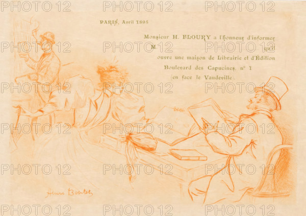 Announcement of the founding of the Henry Floury bookstore and publishing house in Paris, print, invitation, A man with a top hat on his head and a woman with an umbrella in her hand are looking at books, sitting behind a table. Behind them, a smoking man with a stick under his arm takes a book from a shelf., printmaker: Henri Boutet, in or before 1895-04, paper, drypoint, intaglio printmaking technique, letterpress printing, drypoint with plate tone in orange, text in letterpress in green, height 140 mm x width 200 mm, newspaper, news-sheet, book-shop, bookseller, bookshelves, A sepia-toned sketch shows several figures seated and standing around a table scattered with open books and a small closed book, all rendered in orange lines on a pale background; on the left a standing man in a hat holds a book while a seated woman with a large dress and an elaborate hairstyle faces the table, her back partially turned; another figure leans slightly forward from the center toward the table wher...