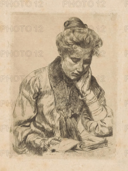 Reading woman, print, A woman reads in an open book lying on the table in front of her; she supports her head with her left hand., c. 1850 - c. 1925, printmaker, paper, drypoint, intaglio printmaking technique, drypoint with plate tone, height 138 mm x width 101 mm, newspaper, news-sheet, book, A sepia-toned sketch of a seated woman shown from the torso up, head tilted downward and resting on one hand, hair pulled back into a bun with loose wisps, a fur-lined collar around her neck, and a loosely draped garment with visible folds and cross-hatched shading; an open book lies in front of her on a flat surface.