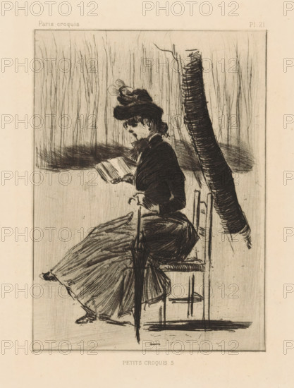 Woman with a book and an umbrella on a chair outside, Petits Croquis 5, print, Numbered top right: Pl. 21., printmaker: Henri Boutet, 1888 - 1889, paper, drypoint, intaglio printmaking technique, drypoint with plate tone, height 160 mm, width 116 mm, Probably from: Paris Croquis, published between 1888-1889., book, A monochrome etching shows a seated woman in profile wearing a dark fitted jacket, a full skirt, and a hat with decorative elements, holding an open book in her hands; she sits on a simple chair beside a tall, textured tree trunk and a background of vertical, grasslike strokes, with heavy shadowing behind her and crosshatched lines defining folds of fabric and chair details.