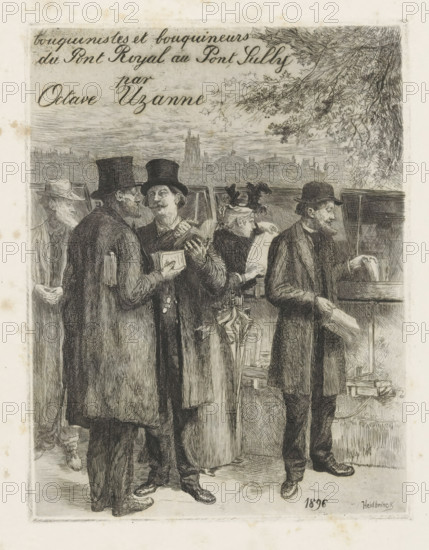 Bookstalls on a quay in Paris, Title page for: Octave Uzanne, Les Quais de Paris, 1896, print, title page, printmaker: Oswald Heidbrinck, publisher: Librairies-Imprimeries Réunies (Ancienne Maison Quantin), Paris, paper, etching, drypoint, intaglio printmaking technique, etching with drypoint and plate tone, height 156 mm x width 120 mm, Print used in: Uzanne, 1896. This is a reissue; the first edition appeared in 1893 and contained a different title page., street-trader, book-stall, kiosk, A detailed black and white etching shows a group of people standing outdoors near a low railing with a distant city skyline and tree branches overhead; several men wear long coats and hats, including tall top hats and bowler hats, and one woman with a feathered hat holds a folded item; one man holds an open small book while another appears to show or take papers from a wooden box on a stand; an umbrella and bundled items rest near the figures, and the scene is rendered with fine crosshatching and li...
