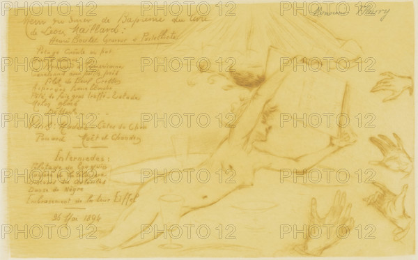 Menu for the dinner in honor of the publication of the book 'Henri Boutet graveur et pastelliste' by Leon Maillard, print, menu, A naked woman flies over a table with glasses and plates. Outstretched hands reach for the book by Maillard that she holds in her hands., annotation: 'Monsieur Floury', printmaker: Henri Boutet, in or before 1894-05, paper, drypoint, intaglio printmaking technique, drypoint with plate tone in orange, height 145 mm x width 228 mm, This menu was probably intended for Henri Floury, the publisher of the book., the (nude) human figure, 'Corpo humano' (Ripa) - AA - female human figure, evening meal, dinner, supper, book, A sepia-toned drawing showing a reclining nude figure with an arm raised holding a large rectangular object that partly obscures their face, a goblet placed near their hip, a second figure leaning over from above with hair falling forward, multiple disembodied hands reaching in from the right edge of the image, and a column of handwritten writing a...