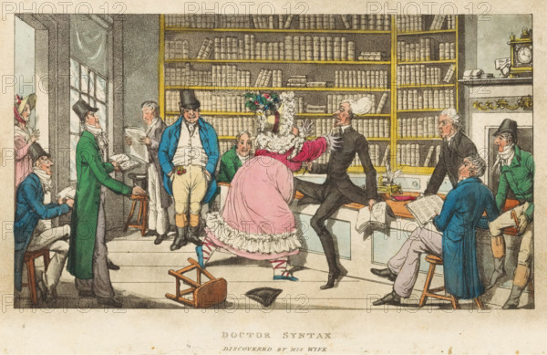 Doctor Syntax discovered by his wife, print, book illustration, Interior of a bookshop with Doctor Syntax sitting on the counter. A woman runs towards him to embrace him., printmaker: Charles Williams (possibly), publisher: W. Wright (publisher), London, 1820, paper, etching, aquatint, hand coloring, etching and aquatint, hand-colored, height 145 mm x width 234 mm, Print from: Combe, between p. 198-199., Person, Doctor Syntax, embracing each other, kissing, book-shop, bookseller, A crowded interior scene shows a room lined with tall bookshelves filled with uniformly bound books and a mantel with a clock and small objects; in the foreground a woman in a voluminous pink dress with ruffles and a floral headdress leans forward with her arms extended toward a thin man in a dark suit who is seated on a desk, his legs splayed and one hand holding an open book, while several men in period clothing and top hats stand or sit around them holding papers or books and watching; a fallen stool and a ...
