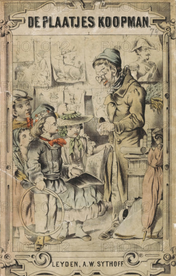 The Picture Merchant, Four children at a print dealer, wrapper, print, Prints hang on a line against the wall. A girl and a boy with a hoop in his hand are leafing through an album of prints together., printer (person): Pieter Willem Marinus Trap (possibly), Leiden, publisher: Albertus Willem Sijthoff, 1858, printmaker, printer (person), paper, lithography, hand coloring, hand-colored, height 213 mm x width 135 mm, Used as cover for: The Picture Merchant. Plates with captions for dear youth. Leiden: AW Sijthoff, 1858. The title page of this book is kept with the print. The prints in this book are copies of illustrations from an earlier edition: Hartung, Tuisca. Le marchand d'images. Dresden: CC Meinhold, 1856., street-trader, eg: engraving, etching, lithograph, A tall man wearing a coat and a cap leans forward holding a small bowl while a group of children stand and sit before him, some wearing hats with ribbons and one child holding a hoop. Drawings of animals and figures are pinned t...