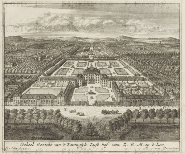 Entire View of the Royal Pleasure Garden of H.M.M. at 't Loo, View of Het Loo Palace from a bird's-eye view, The Splendor of the Netherlands, Of the Pleasure Garden founded by H.M.M. William III at 't Lo, print, album page, View of Het Loo Palace and the accompanying gardens in a bird's-eye perspective. Print is part of an album., inscription: '1913 z inv', printmaker: Laurens Scherm, Amsterdam, publisher: Carel Allard, grantor of privilege: States of Holland and West Friesland, 1689 - 1701, 1702, paper, etching, height 173 mm x width 207 mm, palace, French or architectonic garden, formal garden, Apeldoorn, Paleis Het Loo, An engraved bird’s-eye view shows a grand formal garden and palace complex with symmetrical parterres, pathways, fountains, and statues surrounded by walls and rows of trees; a central avenue and terraces extend from the palace into geometric garden beds and enclosed sections with hedges and ornamental designs; numerous buildings flank the main courtyard and colonnad...