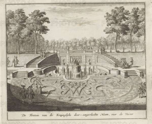 Fountain and parterre with the letters W and M intertwined, The Fountain of the Royal Intertwined Name, for the Veiver, the Splendor of the Netherlands, or the Pleasure Garden founded by H.M. William III at Het Loo, print, album page, View of a parterre with the letters W and M intertwined in the gardens of Het Loo Palace. Print is part of an album., printmaker: Laurens Scherm, Amsterdam, publisher: Carel Allard, grantor of privilege: States of Holland and West Friesland, 1689 - 1701, 1702, paper, etching, height 172 mm x width 206 mm, French or architectonic garden, formal garden, Apeldoorn, Paleis Het Loo, An engraved scene of a formal garden with a central fountain and ornate patterned parterre framed by balustraded steps and terraces, flanked by tall trees and an avenue of trees receding into the distance; small groups of people in period dress stand and walk along the terraces and pathways, some near the fountain and some on the steps, while sculptural reliefs and urns decorate th...