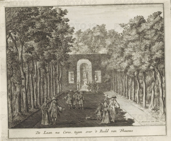 Avenue and statue of Ceres in the gardens of Het Loo Palace, The Avenue to Ceres, opposite the Statue of Faunus, The Splendor of the Netherlands, Or the Pleasure Garden founded by HBM William III at Het Loo, print, album page, Avenue and statue of Ceres in the gardens of Het Loo Palace. On the right a statue of Faunus. Print is part of an album., printmaker: Laurens Scherm, Amsterdam, publisher: Carel Allard, grantor of privilege: States of Holland and West Friesland, 1689 - 1701, 1702, paper, etching, height 171 mm x width 205 mm, (story of) Ceres (Demeter), French or architectonic garden, formal garden, Apeldoorn, Paleis Het Loo, A wide tree-lined avenue with tall, densely foliaged trees on both sides leads to a walled niche containing a sculptural figure on a pedestal, flanked by rectangular framed recesses; a group of people in period clothing, including figures wearing tricorn hats and long coats and dresses, are scattered along the avenue in conversation and social poses, some st...