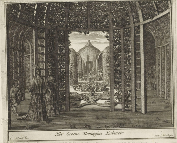The Green Queen's Cabinet, Berceaus in the gardens of Het Loo Palace, The Splendor of the Netherlands, Or the Pleasure Garden founded by H.M. William III at Het Loo, print, album page, View of the Queen's Garden at Het Loo Palace with berceaus on the left and right. Print is part of an album., printmaker: Laurens Scherm, Amsterdam, publisher: Carel Allard, grantor of privilege: States of Holland and West Friesland, 1689 - 1701, 1702, paper, etching, height 167 mm x width 199 mm, French or architectonic garden, formal garden, Apeldoorn, Het Loo Palace, An engraved interior scene showing an arched, lattice-covered structure with patterned panels and foliage entwined through the framework, opening to a landscaped garden with trimmed hedges, a central mound and a pathway bordered by planted beds and ornamental trees; in the foreground several figures in period dress stand and converse beneath the lattice, one figure in a voluminous gown and headpiece facing away, another similarly dressed ...