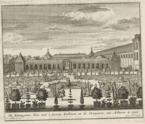 View of the Queen's Garden at Het Loo Palace, The Queen's Garden with the Green Cabinet, and the Orangery, Seen from Behind, The Splendor of the Netherlands, Or the Pleasure Garden founded by HBM William III at Het Loo, print, album page, View of the Queen's Garden at Het Loo Palace with the arbours in the background. Print is part of an album., printmaker: Laurens Scherm, Amsterdam, after drawing by Laurens Scherm, publisher: Carel Allard, grantor of privilege: States of Holland and West Friesland, 1689 - 1701, 1702, Laurens Scherm, Carel Allard, States of Holland and West Friesland, printmaker, after drawing by, publisher, grantor of privilege, paper, etching, height 172 mm x width 206 mm, French or architectonic garden, formal garden, Apeldoorn, Paleis Het Loo, A wide engraved scene showing a formal garden with patterned parterres and numerous potted plants arranged along the foreground, a central rectangular fountain with a sculpted figure spouting water, pathways and benches aroun...
