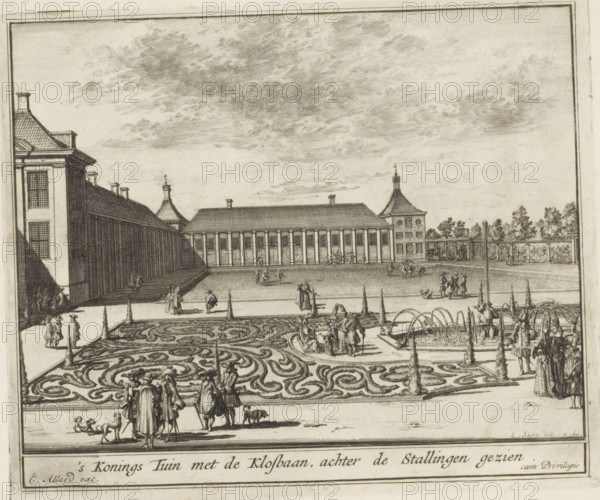 Swinging rink at Het Loo Palace, The King's Garden with the Swinging rink, seen from behind the Stables, The Splendor of the Netherlands, Or the Pleasure Garden founded by HBM William III at Het Loo, print, album page, View of the King's Garden at Het Loo Palace with the sliding rink in the background. Print is part of an album., printmaker: Laurens Scherm, Amsterdam, publisher: Carel Allard, grantor of privilege: States of Holland and West Friesland, 1689 - 1701, 1702, paper, etching, height 166 mm x width 199 mm, French or architectonic garden, formal garden, Apeldoorn, Paleis Het Loo, A wide engraved scene shows a formal garden with patterned beds of low ornamental hedges and winding designs, a rectangular pool with arched water jets, and gravel walkways. Several groups of people wearing historical garments and cloaks stand and stroll along the paths and near the water, some accompanied by small dogs and a few gathered on a raised circular platform. A long colonnaded building with a...