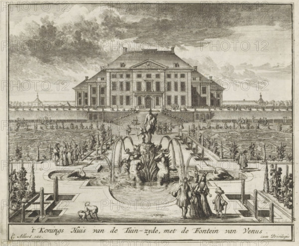 View of Het Loo Palace from the gardens, The King's House from the Garden Side, with the Fountain of Venus, The Splendor of the Netherlands, Or the Pleasure Garden founded by H.M. William III at Het Loo, print, album page, View of Het Loo Palace from the gardens. In the foreground the Fountain of Venus. Print is part of an album., printmaker: Laurens Scherm, Amsterdam, after drawing by Laurens Scherm, publisher: Carel Allard, grantor of privilege: States of Holland and West Friesland, 1689 - 1701, 1702, Laurens Scherm, Carel Allard, States of Holland and West Friesland, printmaker, after drawing by, publisher, grantor of privilege, paper, etching, height 166 mm x width 200 mm, garden fountain, palace, French or architectonic garden, formal garden, Apeldoorn, Paleis Het Loo, An architectural engraving shows a large symmetrical building with a stepped central entrance, a tiled roof, and rows of tall windows, flanked by lower wings and terraces; a formal garden with geometric paths, parte...