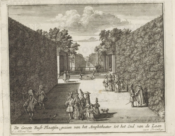 View of the large resting places from the amphitheater, The Great Resting Places, seen from the Amphitheater to the End of the Lane, The Splendor of the Netherlands, Or the Pleasure Garden founded by HBM William III at Het Loo, print, album page, View of the large resting places from the amphitheater in the gardens of Het Loo Palace. Print is part of an album., printmaker: Laurens Scherm, Amsterdam, publisher: Carel Allard, grantor of privilege: States of Holland and West Friesland, 1689 - 1701, 1702, paper, etching, height 170 mm x width 207 mm, French or architectonic garden, formal garden, Apeldoorn, Paleis Het Loo, A wide engraved scene shows a formal garden path flanked by tall, dense hedges and rows of trees, with a distant water feature and architectural pavilions at the midpoint; numerous figures in period clothing stroll, gather, and converse along the path, some in small groups and some accompanied by dogs, while others stand near balustrades and steps leading to the central ...