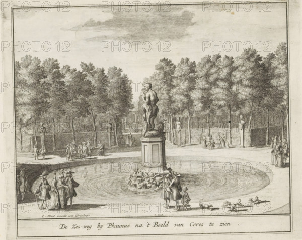Six-way intersection at the statue of Faunus, The Six-way road near Phanus to be seen after the Statue of Ceres, The Splendor of the Netherlands, Or the Pleasure Garden founded by HBM William III at Het Loo, print, album page, View of the statue of Faunus where six roads meet in the gardens of Het Loo Palace. Print is part of an album., printmaker: Laurens Scherm, Amsterdam, publisher: Carel Allard, grantor of privilege: States of Holland and West Friesland, 1689 - 1701, 1702, paper, etching, height 171 mm x width 206 mm, satyrs, fauns, Sileni, French or architectonic garden, formal garden, Apeldoorn, Paleis Het Loo, A large rectangular engraving shows a formal garden scene with a circular pool at the center and a sculpted pedestal rising from its middle topped by a multi-figure statue; water jets and carved ornamentation surround the base of the pedestal. Figures in period dress walk and converse around the pool and along paths, some in small groups and some accompanied by children. T...