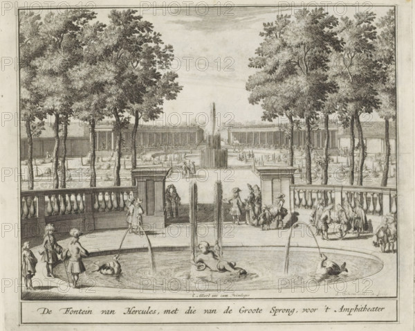 The Fountain of Hercules, with that of the Great Leap, in front of the Amphitheater, Fountain of Hercules in the garden of Het Loo Palace, The Splendor of the Netherlands, Or the Pleasure Garden founded by HBM William III at Het Loo, print, album page, View of the Fountain of Hercules with the large fountain (King's Leap) and the amphitheater behind it. Print is part of an album., printmaker: Laurens Scherm, Amsterdam, after drawing by Laurens Scherm, publisher: Carel Allard, grantor of privilege: States of Holland and West Friesland, 1689 - 1701, 1702, Laurens Scherm, Carel Allard, States of Holland and West Friesland, printmaker, after drawing by, publisher, grantor of privilege, paper, etching, height 172 mm x width 206 mm, ornamental fountain, French or architectonic garden, formal garden, Apeldoorn, Paleis Het Loo, The image shows a detailed black-and-white engraving of a formal garden scene viewed from a terrace with a balustrade in the foreground, a circular fountain basin with ...