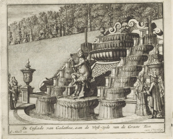 Arion cascade in the garden of Het Loo Palace, The Cascade of Galathea, on the west side of the Great Garden, The Splendor of the Netherlands, Or the Pleasure Garden founded by HBM William III at Het Loo, print, album page, The cascade with a statue of Arion playing the lyre, on the west side of the great garden of Het Loo Palace. Print is part of an album., printmaker: Laurens Scherm, Amsterdam, publisher: Carel Allard, grantor of privilege: States of Holland and West Friesland, 1689 - 1701, 1702, paper, etching, height 172 mm x width 207 mm, ornamental fountain, French or architectonic garden, formal garden, Arion rides on a dolphin, holding his lyre, Apeldoorn, Paleis Het Loo, A detailed black and white engraving showing a large multi-tiered fountain with water flowing over rounded basins and cascading down steps, a central sculpted figure seated on a pedestal holding a staff, ornamental urns and balustrades flanking the fountain, a carved mascaron face atop the upper tier, several ...