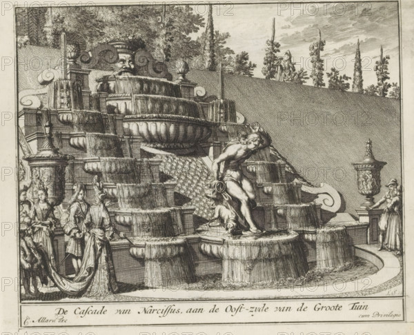 Narcissus cascade in the garden of Het Loo Palace, The Cascade of Narcissus, on the east side of the Great Garden, The Splendor of the Fields of the Netherlands, Or the Pleasure Garden founded by HBM William III at Het Loo, print, album page, The cascade with a statue of Narcissus on the east side of the great garden of Het Loo Palace. Print is part of an album., printmaker: Laurens Scherm, Amsterdam, publisher: Carel Allard, grantor of privilege: States of Holland and West Friesland, 1689 - 1701, 1702, paper, etching, height 172 mm x width 206 mm, ornamental fountain, French or architectonic garden, formal garden, (story of) Narcissus, Apeldoorn, Paleis Het Loo, A detailed black and white engraving shows a tiered stone fountain with large rounded basins stacked in steps, water cascading down textured channels and over ornate ledges, flanked by sculpted urns and balustrades; a classical male statue stands near the middle of the fountain holding vessels while a small animal rests by his...