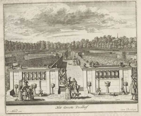 The Great Labyrinth, Labyrinth in the garden of Het Loo Palace, Splendor of the Netherlands, Or the Pleasure Garden founded by HBM William III at Het Loo, print, album page, The labyrinth in the garden of Het Loo Palace. Print is part of an album., printmaker: Laurens Scherm, Amsterdam, publisher: Carel Allard, grantor of privilege: States of Holland and West Friesland, 1689 - 1701, 1702, paper, etching, height 171 mm x width 207 mm, French or architectonic garden, formal garden, labyrinth, maze, garden, Apeldoorn, Het Loo Palace, A wide engraved view shows a formal garden with a long central walkway flanked by high hedges and terraces, ornate balustrades with decorative vases, and sculpted lion head fountains. Figures in period dress stand and converse along the terrace and steps, some accompanied by small dogs and children, while others ascend a central stairway leading toward a distant pavilion. Beyond the garden, dense rows of trees line the horizon, and above them a sky filled wit...