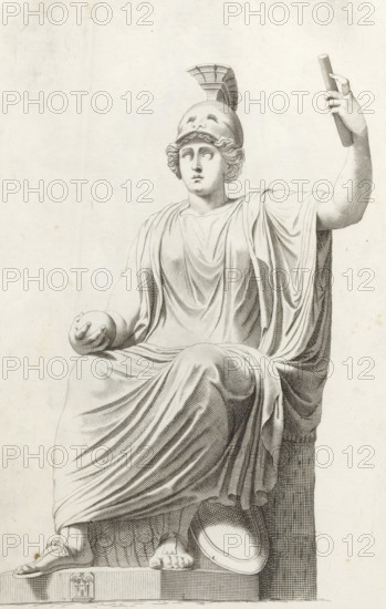 Statue of the goddess Roma, Galleria Giustiniana del Marchese Vincenzo Giustiniani I, print, album page, Series number, 7, 153, personification of the city of Rome, holding a round object. In the center bottom of the base, the coat of arms of Vincenzo Giustiniani. Print is part of an album with a series of prints after the sculptures in the collection in the Galleria Giustiniani in Rome., printmaker: attributed to Michel Natalis, Rome, after drawing by Joos de Pape (attributed to), 1636 - 1647, Attributed to, paper, engraving, height 365 mm x width 229 mm, piece of sculpture, reproduction of a piece of sculpture, personification of a city, town-patron(ess), A seated classical statue rendered in detailed line work showing a robed figure wearing a crested helmet with curled hair visible beneath, holding a cylindrical object raised in one hand and a spherical object resting in the palm of the other, drapery falling in intricate folds over the body and legs with one foot wearing a sandal a...