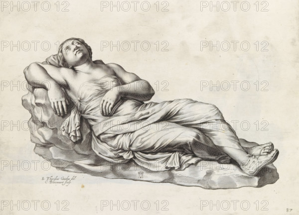 Sleeping woman, Galleria Giustiniana del Marchese Vincenzo Giustiniani I, print, album page, Series number, 87, 153, Image of a lying sleeping woman. Vincenzo Giustiniani's coat of arms on the pedestal. Print is part of an album with a series of prints after the sculptures in the collection in the Galleria Giustiniani in Rome., printmaker: Cornelis Bloemaert (II), Rome, after drawing by Giovanni Citosibio Guidi, 1636 - 1647, Cornelis Bloemaert (II), Giovanni Citosibio Guidi, printmaker, after drawing by, paper, engraving, gravure, height 230 mm x width 310 mm, piece of sculpture, reproduction of a piece of sculpture, female persons from classical history (full length), A reclining figure rendered in fine black linework rests on a draped, rocky surface, the body partially covered by flowing, textured fabric; the head tilts back with closed eyes and relaxed facial features, hair gathered behind the head, one arm draped over the rock and the other resting across the torso with relaxed fin...