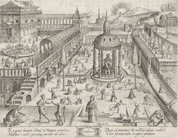Usque an 16., 1. Composita, Age up to sixteen years, the Composite order, Six ages of man, six architectural orders, Theatrum Vitæ Humanæ, print, album page, Series number, 1, 6, Walled courtyard with arbors, fountains, and pergolas. The fountain under the arbor depicts a woman with breasts full of milk. Children are playing around her. The children are spinning tops and hooping or have a hobby horse, a doll in a carriage, etc. On the left foreground, a boy is drawing. The boy in the middle foreground is studying for his studies. On the right, two boys are fighting. In the margin a four-line text in two columns, in Latin., printmaker: Johannes Wierix, Antwerp, printmaker: Hieronymus Wierix, after design by Hans Vredeman de Vries, publisher: Theodoor Galle, 1577, 1598 - 1602, paper, engraving, gravure, height 210 mm x width 272 mm, children's games and plays, hobby-horse, the first years, the ages of man, study and play considered as the two principal aspects of education, composite ord...