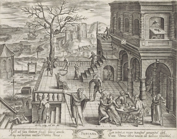an 64 usque ad an 80, 5. Tuscana, Age from 64 to 80 years, the Tuscan order, Theatrum Vitæ Humanæ, Six ages of man, six architectural orders, print, album page, Series number, 5, 6, Old men walk around on the terrace of a dilapidated house, built in the Tuscan order. The window of the house in the upper right is broken. On the terrace, several men are sitting around a table, one of them with a younger woman on his lap. Another is wearing glasses. Behind them is a man with an amputated lower leg. The stairs from the terrace lead to a cemetery. In the margin a four-line text in two columns, in Latin., printmaker: Johannes Wierix, Antwerp, printmaker: Hieronymus Wierix, after design by Hans Vredeman de Vries, publisher: Theodoor Galle, 1577, 1598 - 1602, paper, engraving, gravure, height 211 mm x width 271 mm, old man, eyeglasses, spectacles, amputation, cemetery, park-like burying ground, Tuscan order, architecture, A detailed black and white engraving showing a crowded terrace and adjac...
