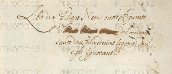 Four-line manuscript bound with 44 prints depicting scenes from the life of Filippo Neri, album page, manuscript, Page with four-line manuscript bound of parchment with 44 prints depicting scenes from the life of Filippo Neri., writer (clerical worker): anonymous, c. 1630 - c. 1641, writer (clerical worker), materials by function, paper, ink, writing (processes), height 262 mm x width 195 mm, A pale, aged sheet with a light beige background showing darker smudges and stains concentrated along the right edge and scattered faint spots elsewhere, a cluster of darker ink drops and smears near the upper center, and a sweeping calligraphic flourish of dark brown ink near the top left with several smaller strokes nearby.
