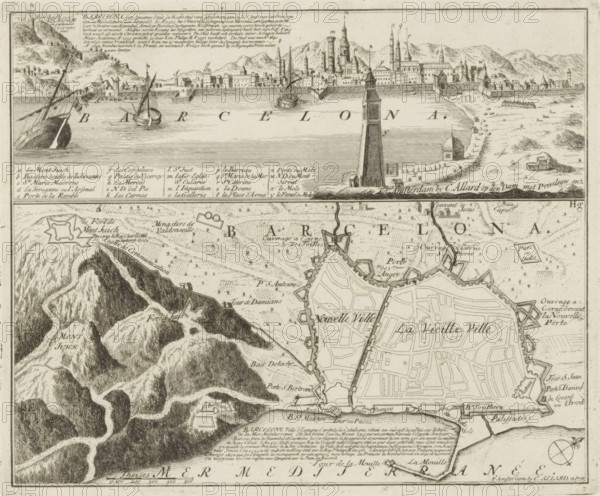 View and map of Barcelona, Barcelona, a Spanish city, the capital of Catalonia, Les Principales Forteresses & Villes Fortes, d'Espagne, de France, d'Italie, de Savoie, d'Allemagne & des Païs-Bas, Naaukeurige Illustratie der Voornaamste Sterke Steden en Vestingen in Spanjen, Vrankryk, Italien, Savoyen, Duytsland en Nederlanden, print, album page, map, View of the city of Barcelona with a map of the same city underneath. With texts in Dutch and French., printmaker: Abraham Allard, Amsterdam, printmaker: Carel Allard, publisher: Carel Allard, publisher: Pieter van der Aa (I), Leiden, grantor of privilege: States of Holland and West Friesland, 1701 - 1733, Abraham Allard, Carel Allard, Pieter van der Aa (I), States of Holland and West Friesland, publisher, grantor of privilege, paper, etching, height 233 mm x width 282 mm, fortifications, military engineering, maps of cities, War of Spanish Succession, Catalonia, Barcelona (city), Period, 1701 - 1713, An engraved map fragment showing a coa...