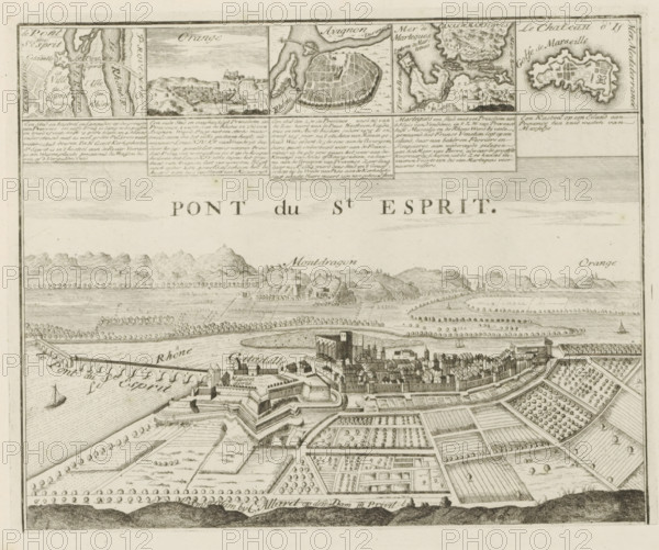 View of Pont-Saint-Esprit, Pont du St. Esprit, Les Principales Forteresses & Villes Fortes, d'Espagne, de France, d'Italie, de Savoië, d'Allemagne & des Païs-Bas, Accurate Illustrations of the Main Strong Cities and Fortresses in Spain, France, Italy, Savoy, Germany and the Netherlands, print, album page, map, View of Pont-Saint-Esprit with the bridge over the Rhône. Five insets with other places in France. Texts in Dutch and French., printmaker: Abraham Allard, Amsterdam, printmaker: Carel Allard, publisher: Carel Allard, publisher: Pieter van der Aa (I), Leiden, grantor of privilege: States of Holland and West Friesland, 1701 - 1733, Abraham Allard, Carel Allard, Pieter van der Aa (I), States of Holland and West Friesland, publisher, grantor of privilege, paper, etching, height 217 mm x width 270 mm, fortifications, military engineering, maps of cities, War of Spanish Succession, Provence-Alpes-Côte d'Azur, Marseille, Avignon, Orange (Vaucluse), Pont-Saint-Esprit, Martigues, Mondrago...