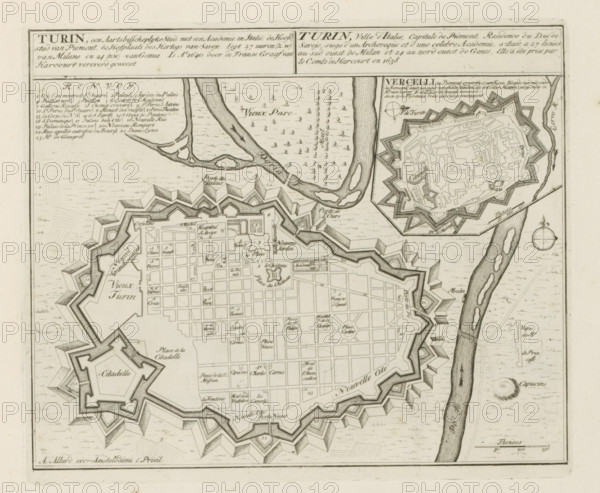 Map of Turin, Turin, an archiepiscopal city with an academy in Italy, Les Principales Forteresses & Villes Fortes, d'Espagne, de France, d'Italie, de Savoie, d'Allemagne & des Païs-Bas, Accurate Illustrations of the Main Strong Cities and Fortresses in Spain, France, Italy, Savoy, Germany and the Netherlands, print, album page, map, with an illustration of the city of Vercelli in the upper right. Texts in Dutch and French., printmaker: Abraham Allard, Amsterdam, printmaker: Carel Allard, publisher: Carel Allard, publisher: Pieter van der Aa (I), Leiden, grantor of privilege: States of Holland and West Friesland, 1701 - 1733, Abraham Allard, Carel Allard, Pieter van der Aa (I), States of Holland and West Friesland, publisher, grantor of privilege, paper, etching, height 232 mm x width 278 mm, fortifications, military engineering, maps of cities, War of Spanish Succession, Piedmont, Vercelli (city), Period, 1701 - 1713, A detailed black and white engraved map fragment shows a fortified c...