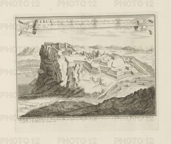Verrua a town and castle, belonging to the heart of Savoy, View of Verrua Savoia, Les Principales Forteresses & Villes Fortes, d'Espagne, de France, d'Italie, Savoia, d'Allemagne & des Païs-Bas, Accurate Images of Most Important Strong Cities and Fortresses in Spain, France, Italy, Savoy, Germany and the Netherlands, print, album page, folder, View of Verrua Savoia on the river Po in Piedmont. With texts in Dutch and French., printmaker: Abraham Allard, Amsterdam, printmaker: Carel Allard, publisher: Carel Allard, publisher: Pieter van der Aa (I), Leiden, grantor of privilege: States of Holland and West Friesland, 1701 - 1733, Abraham Allard, Carel Allard, Pieter van der Aa (I), States of Holland and West Friesland, publisher, grantor of privilege, paper, etching, height 181 mm x width 220 mm, fortifications, military engineering, War of Spanish Succession, Piedmont, Verrue Savoia, Period, 1701 - 1713, A detailed black and white etching showing a fortified hilltop town with angular bas...