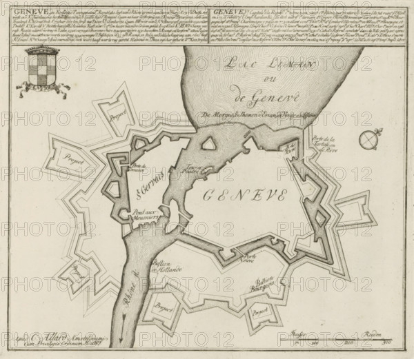 Map of Geneva, Geneva, the capital of the aforementioned Republics, Les Principales Forteresses & Villes Fortes, d'Espagne, de France, d'Italie, de Savoie, d'Allemagne & des Païs-Bas, Accurate Illustrations of the Main Strong Cities and Fortresses in Spain, France, Italy, Savoy, Germany and the Netherlands, print, album page, map, Map of the fortifications around the city of Geneva. With texts in Dutch and French., printmaker: Abraham Allard, Amsterdam, printmaker: Carel Allard, publisher: Carel Allard, publisher: Pieter van der Aa (I), Leiden, grantor of privilege: States of Holland and West Friesland, 1701 - 1733, Abraham Allard, Carel Allard, Pieter van der Aa (I), States of Holland and West Friesland, publisher, grantor of privilege, paper, etching, height 237 mm x width 274 mm, fortifications, military engineering, maps of cities, War of Spanish Succession, Period, 1701 - 1713, A detailed black and white map segment showing a shoreline with a textured body of water and a fortified...
