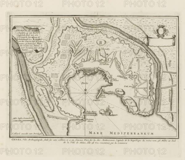 Genoua, an archiepiscopal city situated on a hill, Map of Genoa, Les Principales Forteresses & Villes Fortes, d'Espagne, de France, d'Italie, de Savoy, d'Allemagne & des Païs-Bas, Accurate Illustrations of the Main Strong Cities and Fortresses in Spain, France, Italy, Savoy, Germany and the Netherlands, print, album page, map, Map of Genoa. With texts in Dutch and French., printmaker: Abraham Allard, Amsterdam, printmaker: Carel Allard, publisher: Carel Allard, publisher: Pieter van der Aa (I), Leiden, grantor of privilege: States of Holland and West Friesland, 1701 - 1733, Abraham Allard, Carel Allard, Pieter van der Aa (I), States of Holland and West Friesland, publisher, grantor of privilege, paper, etching, height 183 mm x width 222 mm, maps of cities, War of Spanish Succession, Genoa, Period, 1701 - 1713, An aged map printed in dark ink on light paper showing a fortified coastal town with irregular star-shaped defensive walls around a semicircular harbor, radiating lines across th...