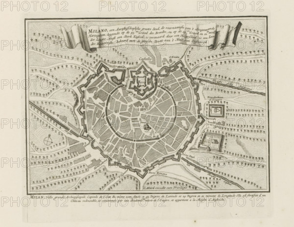 Milano, een archiepiscopal great city, Map of Milan, Les Principales Forteresses & Villes Fortes, d'Espagne, de France, d'Italie, de Savoy, d'Allemagne & des Païs-Bas, Accurate Illustrations of the Main Strong Cities and Fortresses in Spain, France, Italy, Savoy, Germany and the Netherlands, print, album page, map, Map of Milan. With texts in Dutch and French., printmaker: Abraham Allard, Amsterdam, printmaker: Carel Allard, publisher: Carel Allard, publisher: Pieter van der Aa (I), Leiden, grantor of privilege: States of Holland and West Friesland, 1701 - 1733, Abraham Allard, Carel Allard, Pieter van der Aa (I), States of Holland and West Friesland, publisher, grantor of privilege, paper, etching, height 181 mm x width 220 mm, maps of cities, War of Spanish Succession, Lombardy, Milan, Period, 1701 - 1713, An aged engraved map shows a walled circular city with radial streets and a central fortified citadel, rendered in fine black lines on a cream background; the city is surrounded by...