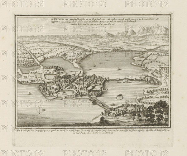 Mantoua, an archiepiscopal and the capital of the duchy of the same name, View of Mantua, Les Principales Forteresses & Villes Fortes, d'Espagne, de France, d'Italie, de Savoy, d'Allemagne & des Païs-Bas, Accurate Illustrations of the Main Strong Cities and Fortresses in Spain, France, Italy, Savoy, Germany and the Netherlands, print, album page, map, Mantua, seen from a bird's-eye perspective. With texts in Dutch and French., printmaker: Abraham Allard, Amsterdam, printmaker: Carel Allard, publisher: Pieter van der Aa (I), Leiden, grantor of privilege: States of Holland and West Friesland, 1701 - 1733, paper, etching, height 185 mm x width 219 mm, maps of cities, War of Spanish Succession, Lombardy, Period, 1701 - 1713, An engraved bird’s-eye view of a walled town on a peninsula jutting into a body of water, with densely packed buildings and narrow streets, a long bridge or causeway connecting the peninsula to the mainland, boats and small sailing vessels on the water, cultivated fiel...