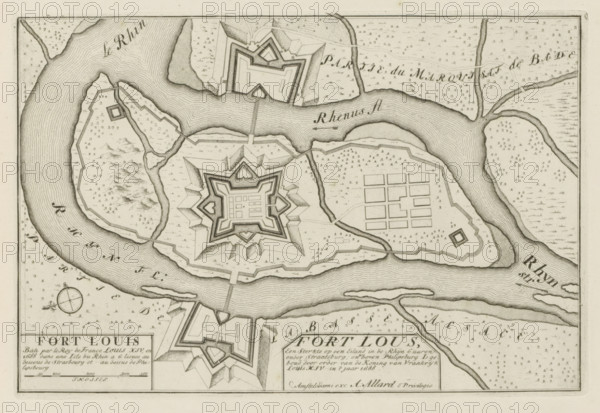 Plan of Fort Louis, Fort Lous, a fortress on an island in the Rhine, Les Principales Forteresses & Villes Fortes, d'Espagne, de France, d'Italie, de Savoië, d'Allemagne & des Païs-Bas, Accurate Illustrations of the Main Strong Cities and Fortresses in Spain, France, Italy, Savoy, Germany and the Netherlands, print, album page, map, built by the French in 1688, located on the Rhine near Strasbourg. With texts in Dutch and French., printmaker: Abraham Allard, Amsterdam, printmaker: Carel Allard, publisher: Carel Allard, publisher: Pieter van der Aa (I), Leiden, grantor of privilege: States of Holland and West Friesland, 1701 - 1733, Abraham Allard, Carel Allard, Pieter van der Aa (I), States of Holland and West Friesland, publisher, grantor of privilege, paper, etching, height 184 mm x width 275 mm, fortress, maps of cities, War of Spanish Succession, Rhine, Period, 1701 - 1713, A monochrome engraved map showing a river curving around an island with detailed hachure lines indicating wate...