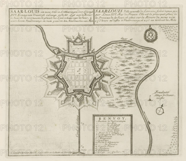 Map of Saarlouis, Saar-Louis a new city in Lorraine, recently founded by Louis XIV, King of France, Les Principales Forteresses & Villes Fortes, d'Espagne, de France, d'Italie, de Savoie, d'Allemagne & des Païs-Bas, Accurate Illustrations of the Main Strong Cities and Fortresses in Spain, France, Italy, Savoy, Germany and the Netherlands, print, album page, map, Map of the city of Saarlouis founded by Louis XIV in Saarland. With texts in Dutch and French., printmaker: Abraham Allard, Amsterdam, printmaker: Carel Allard, publisher: Carel Allard, publisher: Pieter van der Aa (I), Leiden, grantor of privilege: States of Holland and West Friesland, 1701 - 1733, Abraham Allard, Carel Allard, Pieter van der Aa (I), States of Holland and West Friesland, publisher, grantor of privilege, paper, etching, height 236 mm x width 275 mm, maps of cities, War of Spanish Succession, Saarland, Saarlouis, Period, 1701 - 1713, A detailed black and white engraved map fragment showing a star-shaped fortifie...