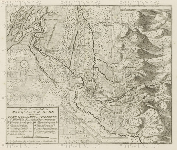 Western part of the Marquisate of Baden, situated between Fort Louis du Rhin, Stolhoffe, Oberbihl and the Mountains of Swartewalt, Markizaat Baden, The Principal Fortifications & Fortresses of Spain, France, Italy, Savoyard, Germany & the Netherlands, Accurate Illustrations of the Main Strong Cities and Fortresses in Spain, Savoy, Germany and the Netherlands, print, album page, map, Map of the west of the Markizaat of Baden on which the lines of the French and of the Allies and various battles are indicated. With texts in French., printmaker: Abraham Allard, Amsterdam, printmaker: Carel Allard, publisher: Pieter van der Aa (I), Leiden, grantor of privilege: States of Holland and West Friesland, 1701 - 1733, paper, etching, height 232 mm x width 274 mm, maps of separate countries or regions, War of Spanish Succession, Baden-Württemberg, Period, 1701 - 1713, An aged, detailed black-and-white map printed on paper showing rivers and winding waterways, clustered small rectangular and square...