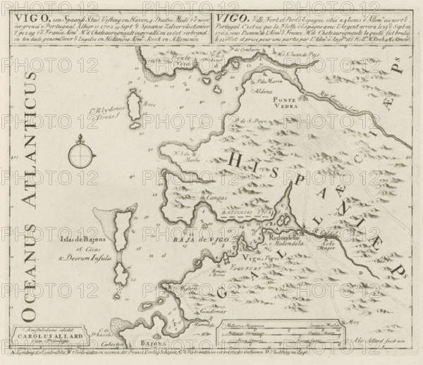 Vigo, a Spanish city, fortress and port, Here, September 19, 1702, the Spanish Silver Fleet invaded and was burned on October 22, Les Principales Forteresses & Villes Fortes, d'Espagne, de France, d'Italie, de Savoy, d'Allemagne & des Païs-Bas, Accurate Illustrations of the Main Strong Cities and Fortresses in Spain, France, Italy, Savoy, Germany and the Netherlands, print, album page, map, historical print, Map of Vigo, with texts in Dutch, French and Latin., printmaker: Abraham Allard, Amsterdam, publisher: Carel Allard, publisher: Pieter van der Aa (I), Leiden, grantor of privilege: States of Holland and West Friesland, 1702 - 1733, Abraham Allard, Carel Allard, Pieter van der Aa (I), States of Holland and West Friesland, printmaker, publisher, grantor of privilege, paper, etching, height 233 mm x width 277 mm, maps of separate countries or regions, Naval Battle in the Bay of Vigo, Galicia, Period, 1702-10-23, A sepia-toned vintage map segment showing a coastal region with irregular...